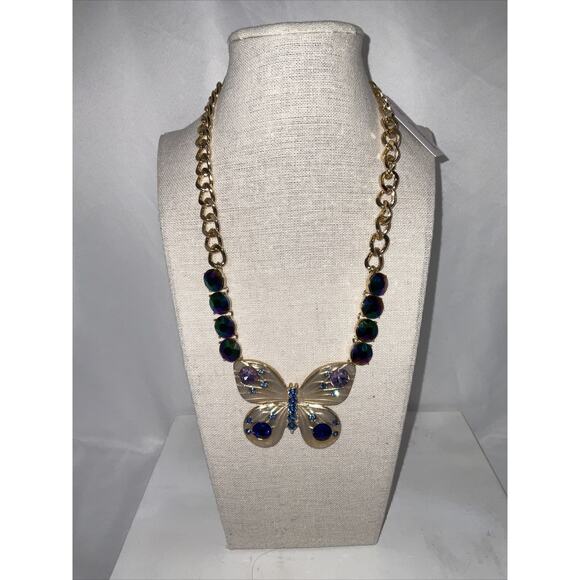 Betsey Johnson Gold Tone Blue/Purple & Iridescent Rhinestone Butterfly Necklace - Picture 2 of 8